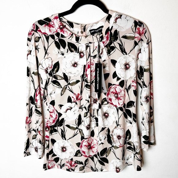 NWT SZ XS Karl Lagerfeld Bloom Floral Long Sleeve Shirt Stretch - Picture 1 of 7